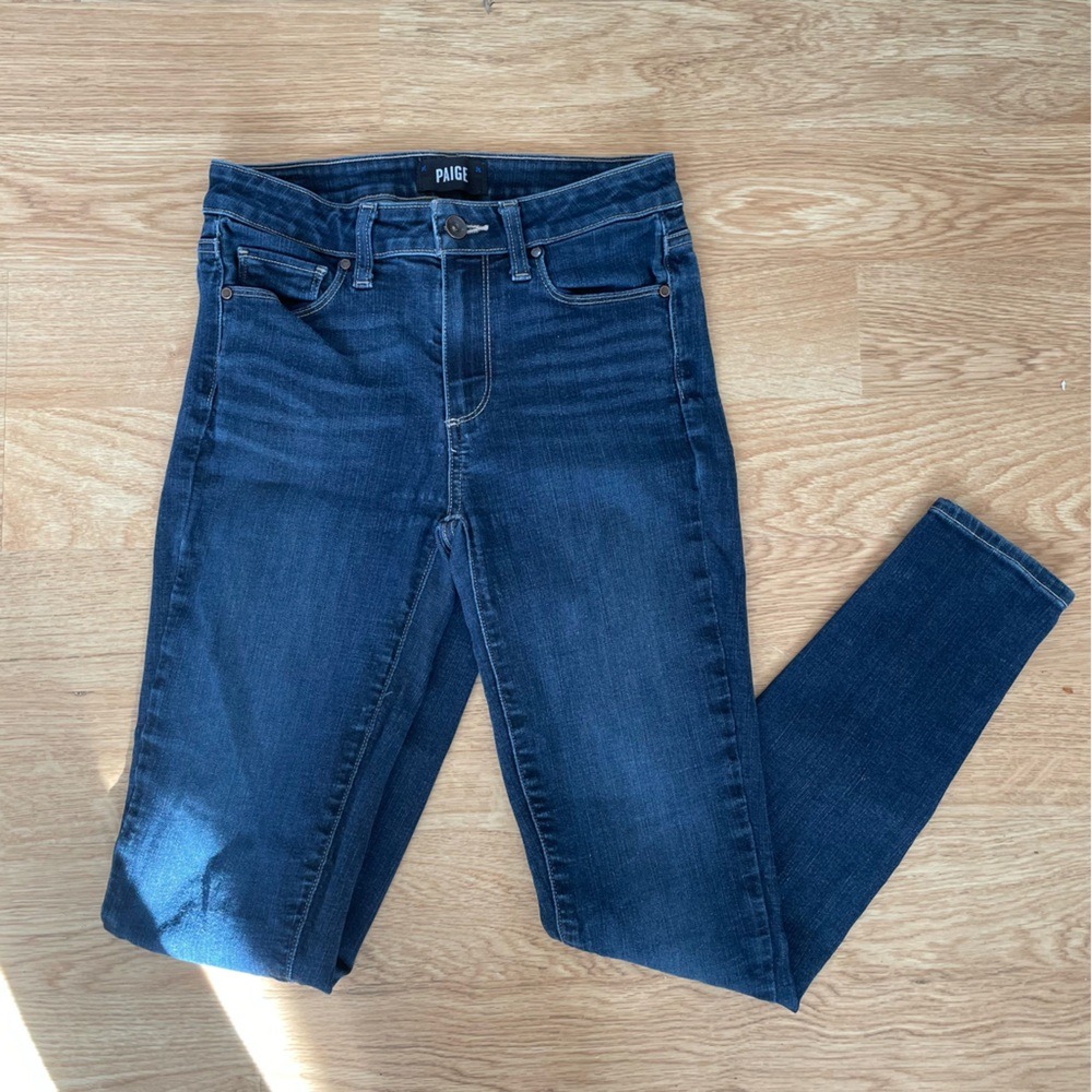 Paige Hoxton Ultra Skinny High Rise Jeans Dark Indigo Blue Stretch Denim